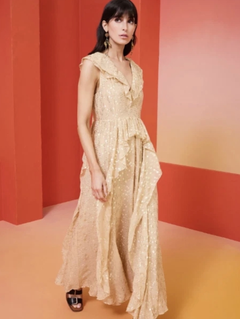 Marie Oliver Jayda Silk Maxi Dress Taupe Gold Ruffled Fairy Whimsy Sz 2 NEW $472